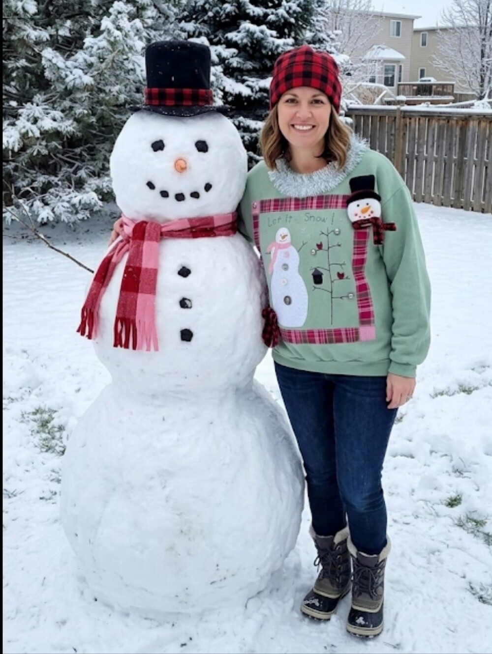 Upcycled Christmas Snowman Sweatshirt L Mint Green Folk Art